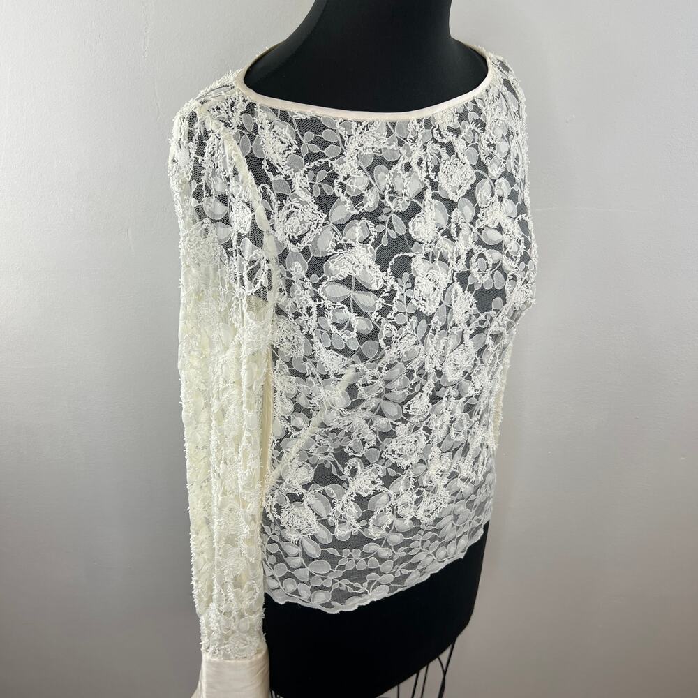 WORTH NY White Floral Lace Sheer Long Sleeve Blouse Button Cuffs Side Zip 2 XS - Picture 3 of 10